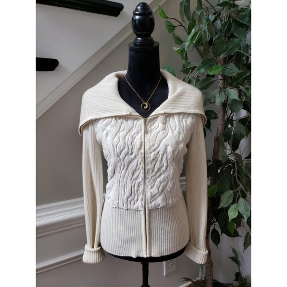 Cache Ivory Textured Wool Blend Zip Cardigan Sweater Jacket M Cowl Collar - Picture 1 of 9